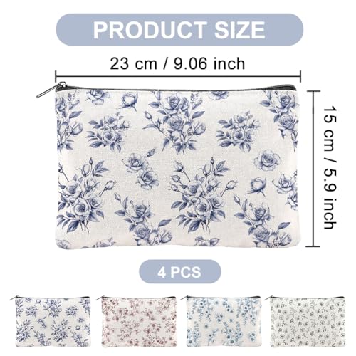 4Pcs Flower Makeup Bags 5.91x9.06 inch Orchid Roses Daisy Canvas Cosmetic Bags with Zipper Canvas Travel Toiletry Pouches for Women Party Shopping Home Travel Accessories