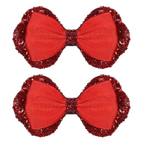 3.5" Glitter Red Ribbon Hair Bow Clips Sparkly Sequins Alligator Barrettes Hairpin Toddler Teen Girls Birthday Wedding Xmas july 4th Dress Outfit Decor Accessory Gift Set of 2