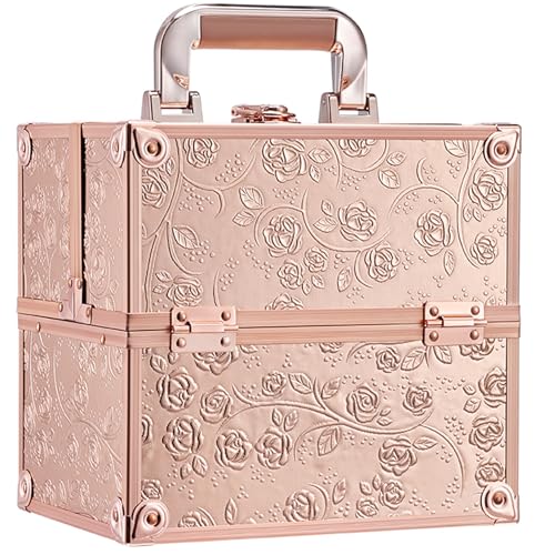 FRENESSA Makeup Train Case Cosmetic Box Portable Makeup Case Organizer 4 Trays Lock Travel Storage Organizer with Dividers Make Up Artist Vanity Hard Nail Spa Beauty Box Rose Gold Floral