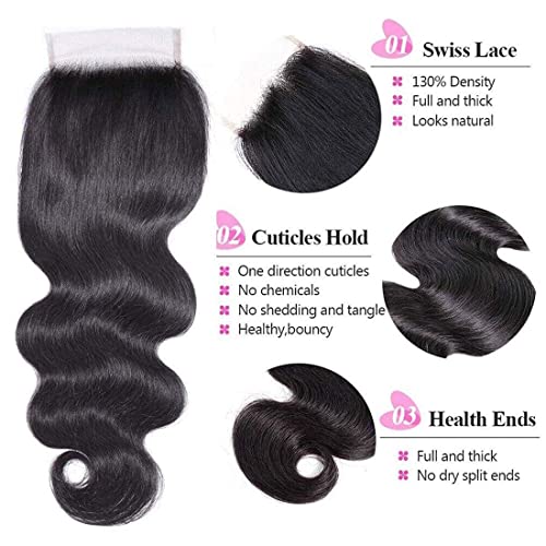 Nadula Hair 12A Body Wave 4x4 lace Closure Free Part, 100% Unprocessed Brazilian Human Virgin Hair Top Swiss Lace Closure with Baby Hair Natural Black Color 14 inch
