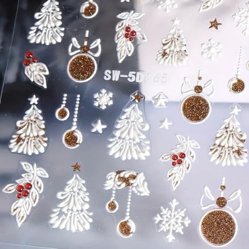 Christmas Nail Art Stickers Decals 5D Embossed Glitter Gold Xmas Nail Decals 3PCS Xmas Tree Lantern Ball Christmas Nails Adhesive Sticker Elk Snowflake Winter Manicure Supply for Nail Art Decorations