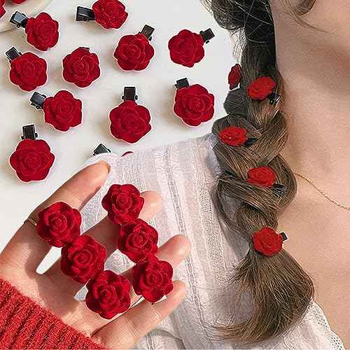 20 Pcs Mini Rose Hair Clip for Women Girls, Red Flower Hair Barrettes Headpiece Hair Vintage Hair Pins for Bridal Wedding Valentine Mother's Day Halloween Birthday Party Gift