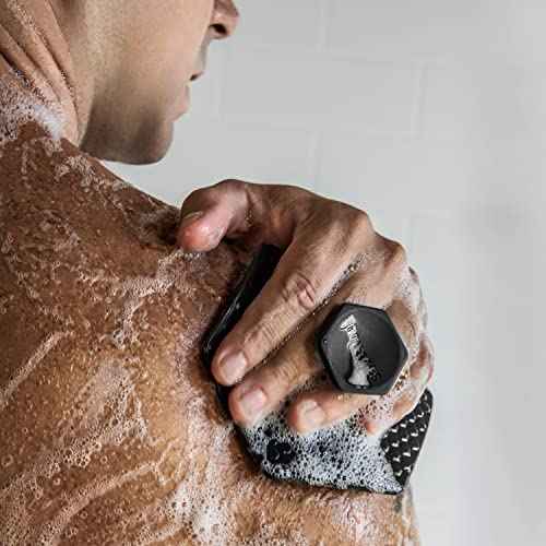 TOOLETRIES Body Scrubber & Hook - Premium Silicone Scrub for Cleaning, Exfoliating and Invigorating Your Skin - Shower Accessories - Durable & Long Lasting Body Wash Scrubber for Men - Charcol