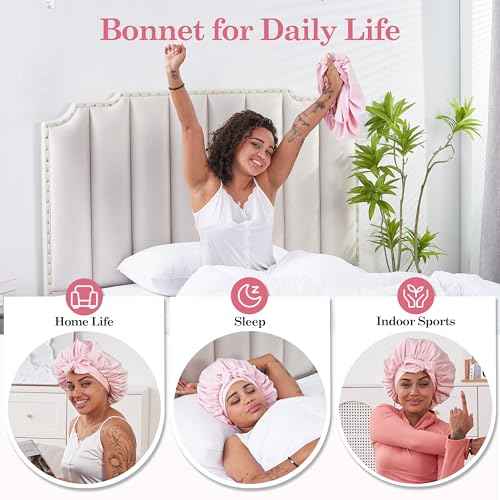 Tie Band Silk Satin Hair Bonnet for Sleeping Women Curly : Sleep Night Wrap Cap for Straight Wavy Coily Kinky Natural Hair Head - Pink