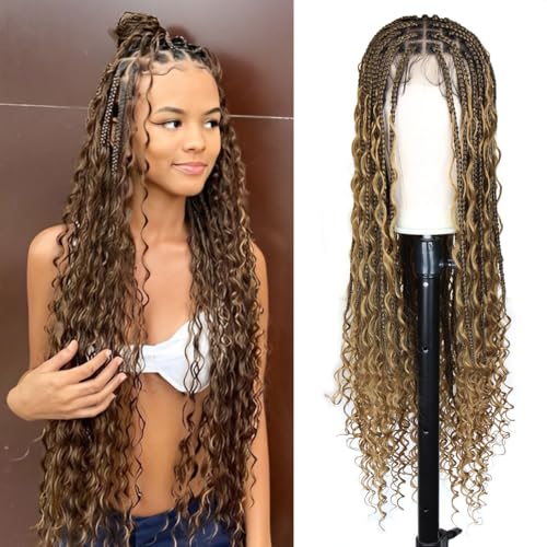 Boho Braided Wigs for black women, Knotless Box Ombre Black to Honey Brown Bohemian Braid Wig, Full Double Lace Ombre Braided Wig