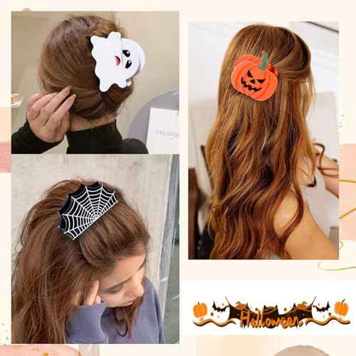 4 Pack Halloween Hair Claw Clips for Women Girls, Pumpkin Ghost Spider Web Bat Gothic Horror Hair Clips Halloween Hair Accessories