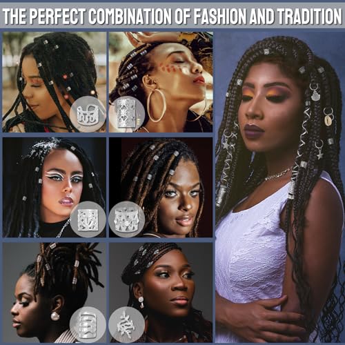 Fscwlmon 309Pcs Hair Jewelry for Women Braids,Hair Loc Cuff Coils Rings for Dreadlock Accessories,Locs Hair Tube Beads Decorations,Braid Clips Hair Charms Braids Accessories Silvery