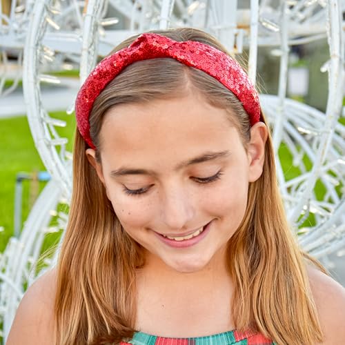 FROG SAC Knot Headband for Girls - Red Sequin Knotted Hair Bands Accessories for Kids, Sparkly Little Girl Headbands for Children, Holiday Christmas Valentines Sparkle Hairbands for Tweens