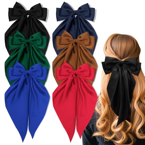 6PCS Hair Bows for Women Big Bow Hair Clips Silky Satin Long Tail Hair Bows Cute Hair Ribbon Coquette Bows Hair Accessories(Black Red Sapphire Blue blackish Green Dark Blue Coffee)
