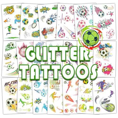 Konsait 20 Sheets Glitter Tattoos for Kids - Soccer, Football & Sports Themed Washable Tattoos Football Tattoo Soccer Favors Sports Tattoo Temporary for Kids Soccer Themed Gifts