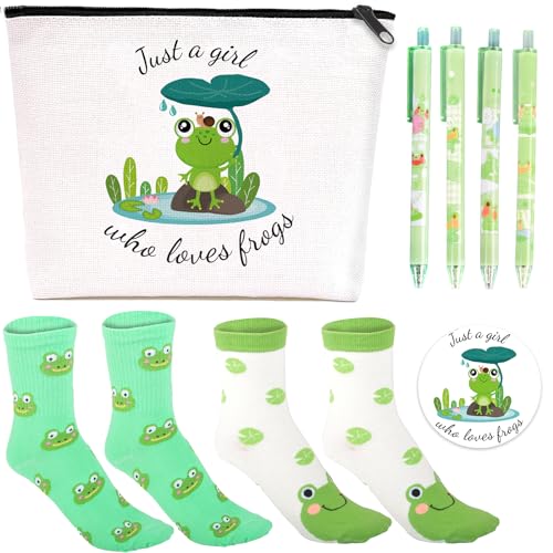Frog Gifts for Frog Lovers, Includes Makeup Bag, Cute Socks, Frogs Writing Gel Ink Pen & Mini Round Mirror, Just Who Loves Frogs, Birthday Gift for Women