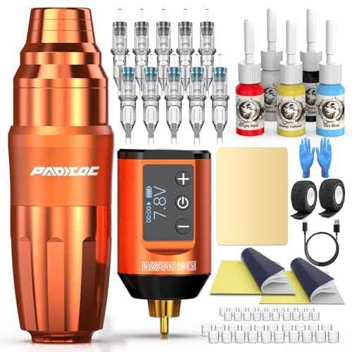Padieoe Tattoo Gun Dotwork Tattoo Kit Wireless Tattoo Machine Kit with 1500mAh Capacity Battery Tattoo Power Supply Rotary Tattoo Practice Pen for Beginners