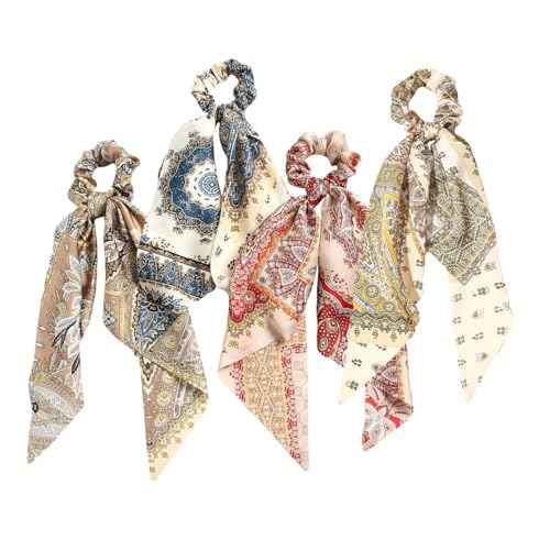 Bandana Hair Scarf Scruncheis for Women Girls, Bowknot Scrunchies for Hair, Chiffon Floral Scrunchie Long Hair Bands Ties Ponytail Holder (Paisey)