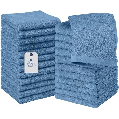 DAN RIVER 100% Cotton Wash Cloths 24 Pack [12x12] Soft & Absorbent wash rag, Gym, Hotels & Spa Perfect for Everyday Use Fingertip Towels, M-Blue