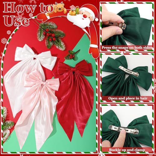 5 Pcs Satin Hair Bows - Big, Long Tail Ribbon Hair Bows in Red and Green for Christmas