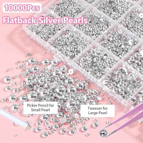 Silver Pearls for Crafting, Flatback Pearl for Nails 7 Sizes Half Round Nail Art Pearls ABS Pearl Beads Gems for Nails Art DIY Crafting Face Hair Manicure DIY