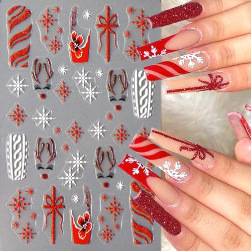 4 Sheets Embossed Elk Nail Stickers 5D Self-Adhesive Bow Gift Cookie Man Snowflake Nail Art Stickers Red Christmas Nail Decals New Year Nail Art Supplies for Women Girls DIY Manicure Nail Decoration