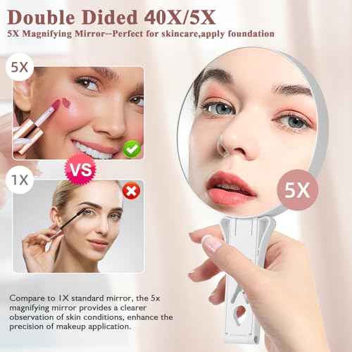 Magnifying Mirror 40X/5X Double Sided Hand Mirror, Precision Makeup at 40X Magnification & Overall View at 5X£¬Travel Handheld Magnified Makeup Mirror with Handle & Table Stand, Vanity Cosmetic Mirror