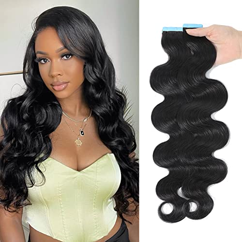 HUA Body Wave Tape in Hair Extensions 18 Inch 100% Human Hair 40PCS 100 Gram Reusable Tape ins Black Wavy Hair