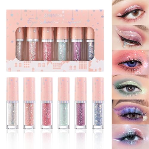 BONNIE CHOICE 6Pcs Liquid Glitter Eyeshadow Eyeliner, Korean Makeup Glitter Shinning Eye Liner Long Lasting Quick Drying Pigmented Loose Bling Under Eye Shadow Makeup Christmas Day Gifts for Women