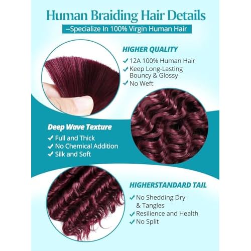 160g 5 Bundles/Pack Burgundy Human Braiding Hair for Boho Braids 20 Inch Curly Boho Hair for Braiding Knotless 12A Deep Wave Bulk Bohemian Color 99J