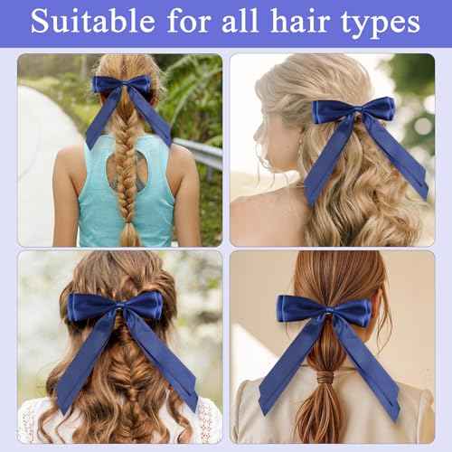 3PCS Navy Blue Hair Bows with Alligator Clips ? Elegant Satin Ribbon Hair Accessories for Women & Girls, Long Tail Bow Clips for Ponytail & Hairstyles