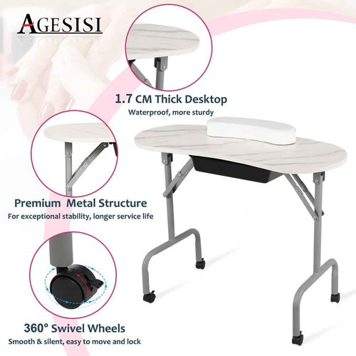 AGESISI Portable Manicure Table Foldable Nail Desk with Large Drawer Nail Tech Table for Technician Salon Workstation Client Wrist Cushion/Carry Bag/4 Lockable Wheels, 36-inch, White Marble