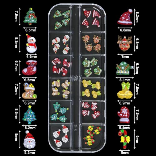 Christmas Nail Charms - 3D Bow Nail Charms, Pearls, Red & Green Nail Rhinestones, Santa, Snowman, White Snowflake, Metal Caviar Beads, with Kit, for Nail Art, Gift