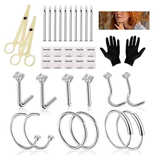 Nose Piercing Kit - 34pcs With Stainless Steel Needles 18G 20G, Clamps, Gloves, Rings, Nails for Body Piercing Supplies