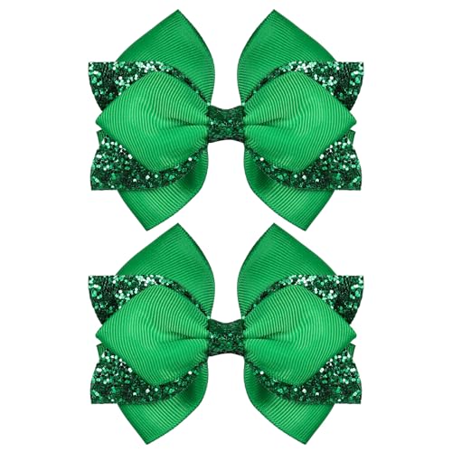 4" Glitter Christmas Green Hair Bow Clips Girls Sparkly Ribbon Sequin Bow Cheer Barrettes Alligator Hairpins for Teens Toddler Kids St Patrick's Day Easter outfit Dress Decor Accessories Gift