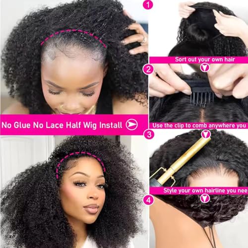 Half Wig Human Hair 200% Density 3 In 1 Seamless Flip Over headband wig human hair Glueless Wear and Go Beginner Friendly Kinky curly human hair wig Drawstring Headband Wig for Women 16inch