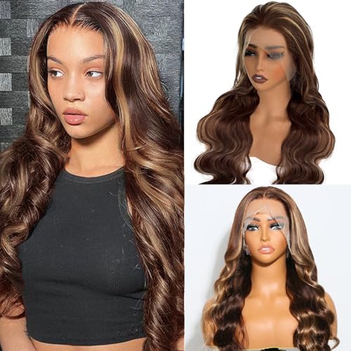 OiMiGO Lace Front Wig Human Hair 13x4 Highlight HD Transparent Lace Frontal Wigs Remy Human Hair High Density 4/27 10A Unprocessed Wigs with Natural Hairline for Women 26Inch