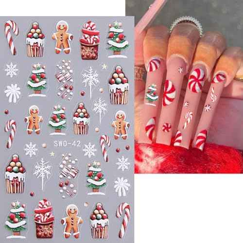 5D Embossed Christmas Nail Art Stickers Xmas Nail Decals Cute Santa Claus Christmas Tree Cake Candy Snowflake Snowman Nail Designs Christmas Nail Supplies Decoration for Women DIY Manicure Accessories