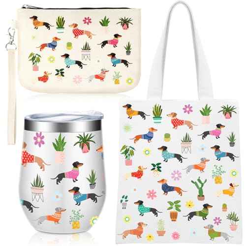 3 Pcs Christmas Dachshund Gifts for Women 12 oz Dachshunds Coffee Mug, Weiner Dog Tote Bag and Reusable Aesthetic Makeup Bag Gift for Dog Lover Party Favor Birthday Thanksgiving
