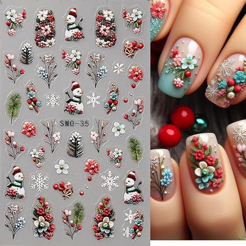 Christmas Nail Art Stickers Christmas Snowman Nail Sticker 3D Self-Adhesive Snowflake Nail Decal Flower Fruit Nail Art Supplies Holiday DIY Manicure Designs Nail Decoration for Women 3Pcs