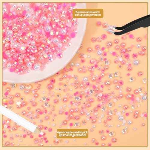 NACHLYNN 10000 Pcs Pink White Rhinestones and Pearls 3-8mm Half Pearl Bead Resin Rhinestones Kits Comes with Jewelry Pen and Tweezers Suitable for Nail Art Clothing Handmade DIY Decoration