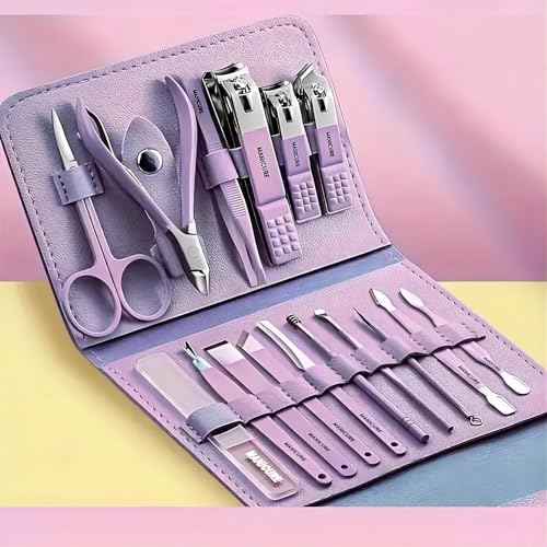 16PCS Professional Manicure & Pedicure Set Stainless Steel Nail Care Kit Travel Manicure Kit, Purple