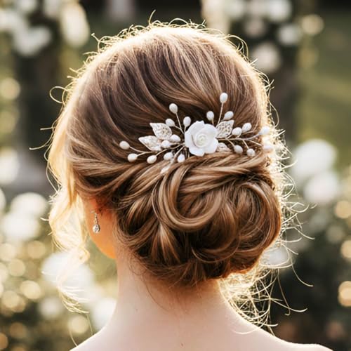 Gorais Flower Bride Wedding Hair Comb Pearl Bridal Hair Pieces Leaf Hair Accessories for Women and Girls (a-silver)