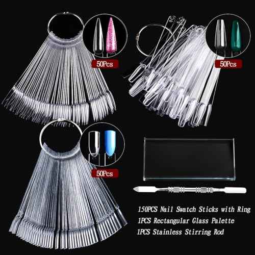 150pcs Nail Swatch Sticks with Ring, Clear Fan-shaped Nail Color Swatches with Palette Spatula Tool for Nail Polish Display Practice Nail Techs Must Haves Nail Supplies