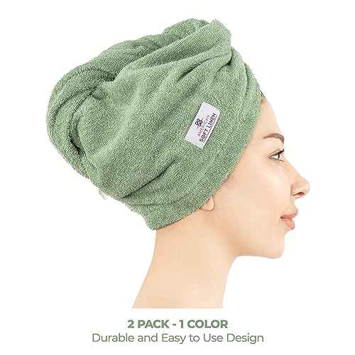 American Soft Linen 100% Cotton Hair Towels for Women, Head Towel Cap, Cotton Hair Turban Towel Wrap for Long Curly Anti Frizz Hair, Soft and Absorbent Cotton Hair Towels 2 Pack, Sage Green
