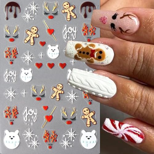 4 Sheets Embossed Elk Nail Stickers 5D Self-Adhesive Bow Gift Cookie Man Snowflake Nail Art Stickers Red Christmas Nail Decals New Year Nail Art Supplies for Women Girls DIY Manicure Nail Decoration