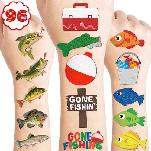 96 PCS Gone Fishing Fish Pre-Cut Temporary Tattoos for Kids Birthday Theme Party Supplies Decorations Favors Decor Cute Little Nautical Fisherman Tattoo Stickers Gifts for School Prizes Boys Girls