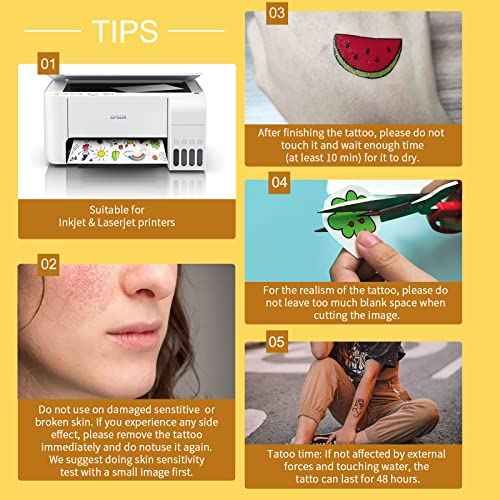 Printable Temporary Tattoo Paper for Inkjet & Laser Printer, 5 Sheets A4 Size 8.3"x11.7" Waterproof DIY Image Transfer Decal Paper for Skin, Clear