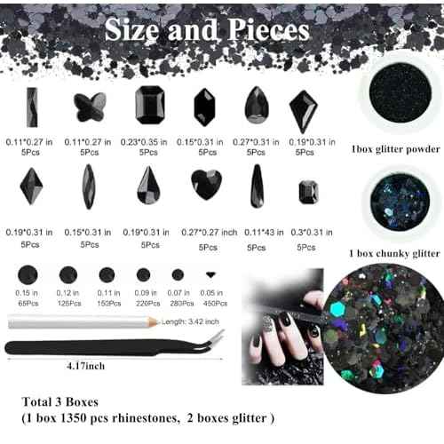 3 Boxes Black Nail Rhinestones with Fine Glitters Kit, 60Pcs Big Assorted Black Nail Gems with S6-S16 Flatback Round Stones,Crystals Nail Gem Stones for DIY Faces Body Crafts