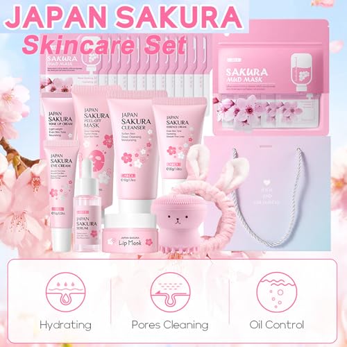 Skin Care Set Sakura Women Beauty Gift Sets Korean Skin Care Kit- Cleanser,Serum,Face Cream,Toner,Eye Cream,Mud Mask-Skin Care Routine Kit (One Size, Cherry Blossom-StyleB-Luxury Moisturizing)