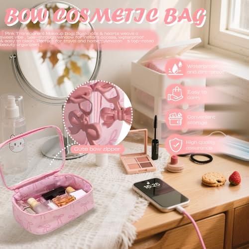 Women's bow cosmetic bag, transparent waterproof suitable for travel cute cosmetic bag girlfriend mother bridesmaid gift