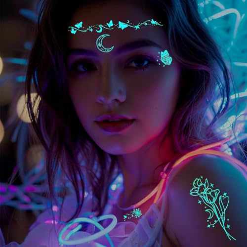 Luminous flower Butterfly Temporary Tattoos For Women Girls,9 Sheets Sexy Lace Fake Necklace Glow In The Dark Tattoo Wings Waterproof Face Body Arm Tattoo, Night Glitter Party Supply