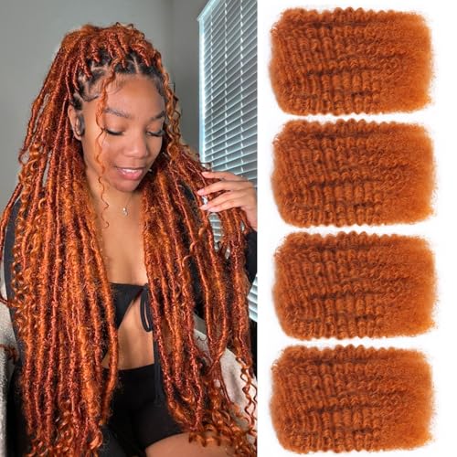 Afro Kinkys Bulk Human Hair for Dreadlocks Kinky Curly for Loc Extensions 100% Real Human Hair Afro Kinky-Curly Human Braiding Bulk Hair for Twist & Repair Locs 4 Packs 200 Gram 12 Inch Ginger