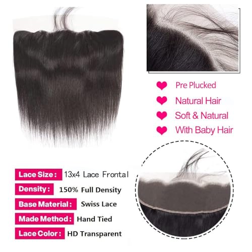 10A Brazilian Straight Human Hair Bundles with Frontal Closure 18 20 22+16 Inch Straight Bundle Human Hair with Closure 100% Unprocessed Virgin Hair Weave 3 Bundles with 13x4 HD Lace Frontal
