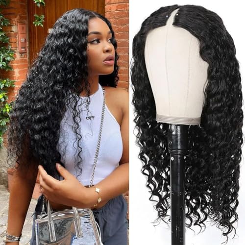 Zealady V Part Wig Human Hair Deep Wave 12A Brazilian Virgin Glueless Curly V Part Wigs Human Hair V Shape Wigs Upgrade U Part Wigs Deep Curly Wigs for Women No Sew in Full Head Clip In 18inch